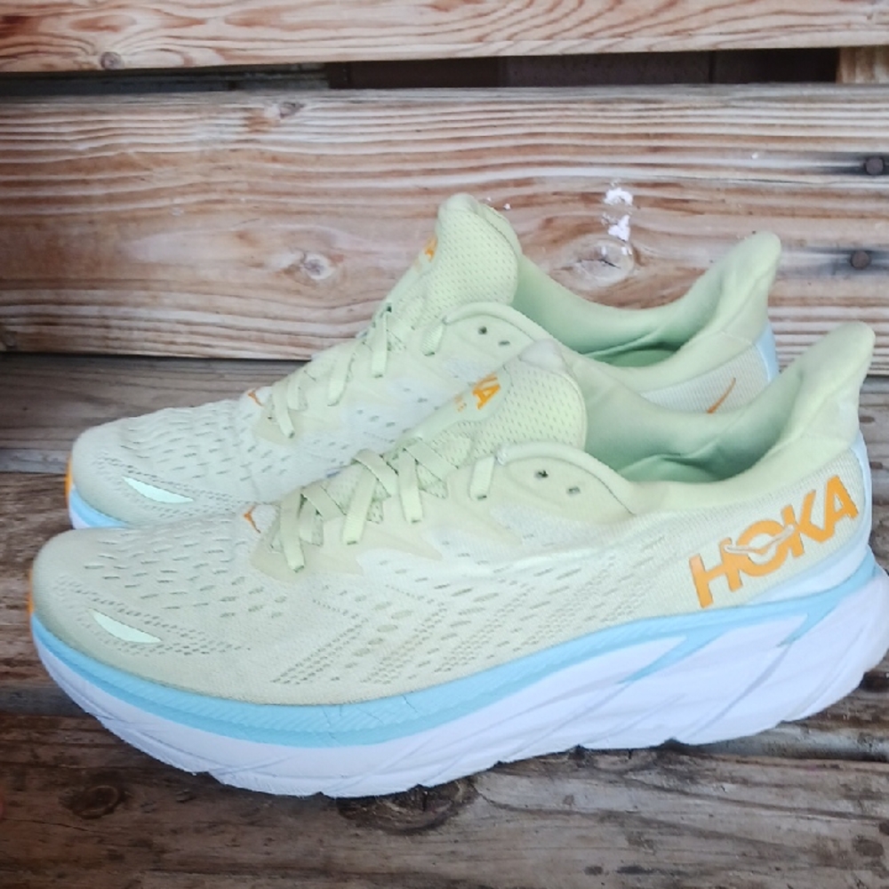 Hoka Clifton 8  Yellow and Blue Athletic Shoes with Signature Cushioning - Picture 3 of 15